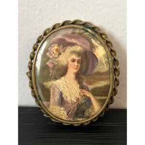Antique Brooch Portrait of a Pompadour Lady Wearing a Hat Oval Frame Patina